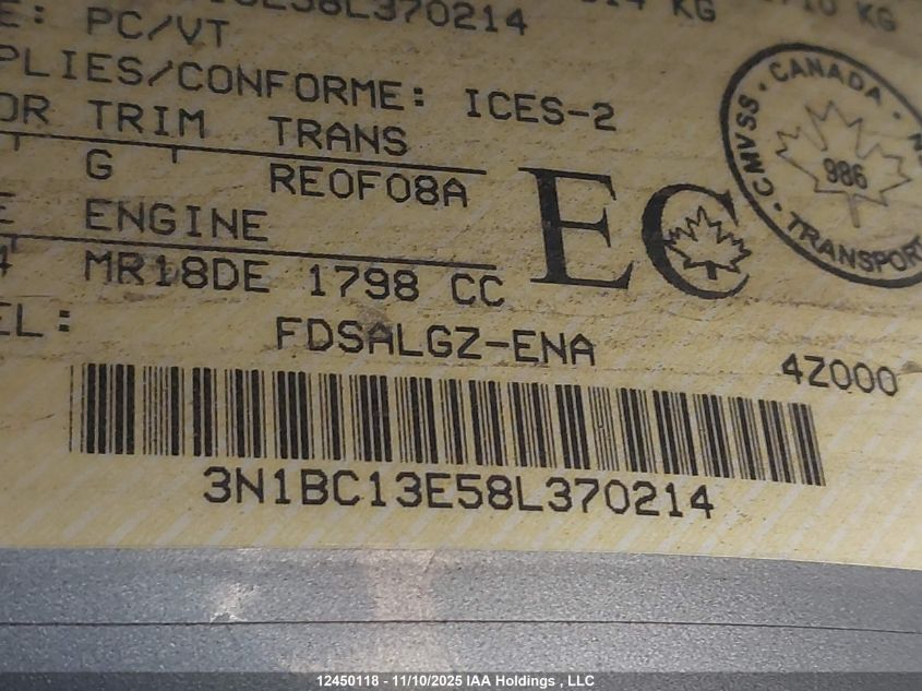 2008 Nissan Versa 1.8Sl VIN: 3N1BC13E58L370214 Lot: 12450118