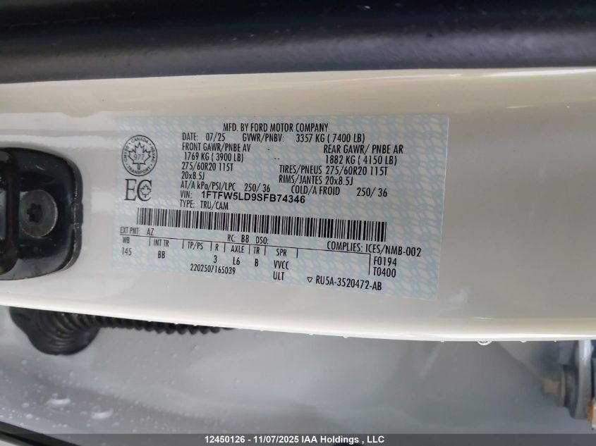 2025 Ford F-150 VIN: 1FTFW5LD9SFB74346 Lot: 12450126