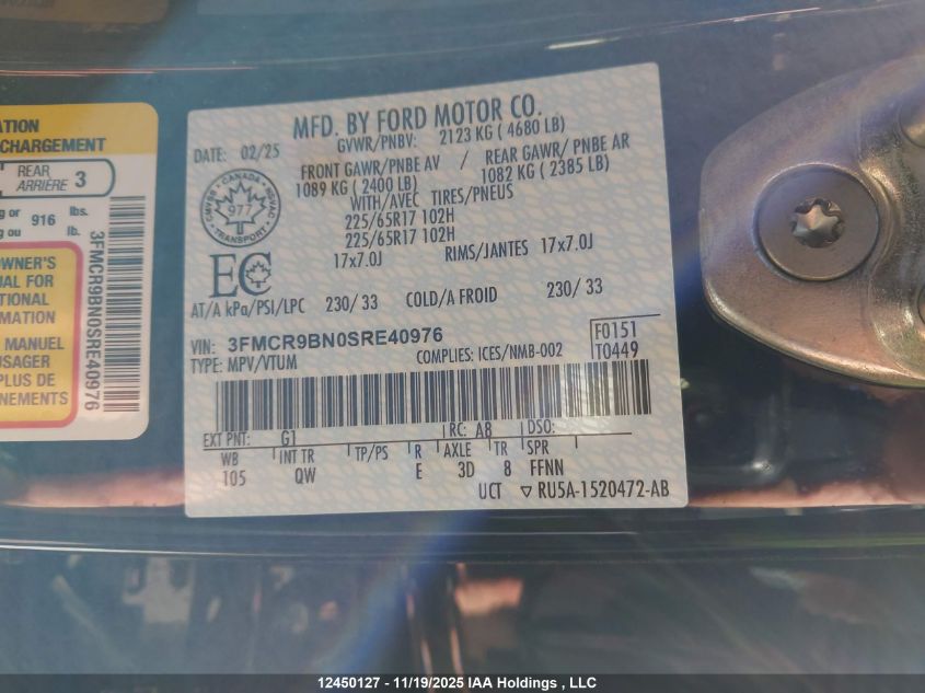 2025 Ford Bronco Sport VIN: 3FMCR9BN0SRE40976 Lot: 12450127