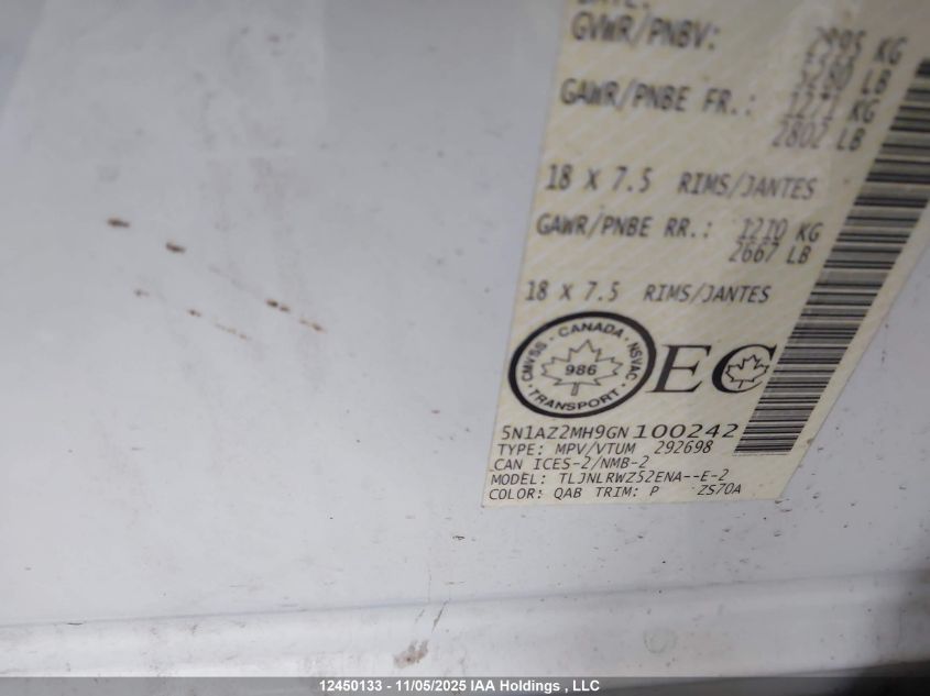 2016 Nissan Murano S/Sl/Sv/Platinum VIN: 5N1AZ2MH9GN100242 Lot: 12450133