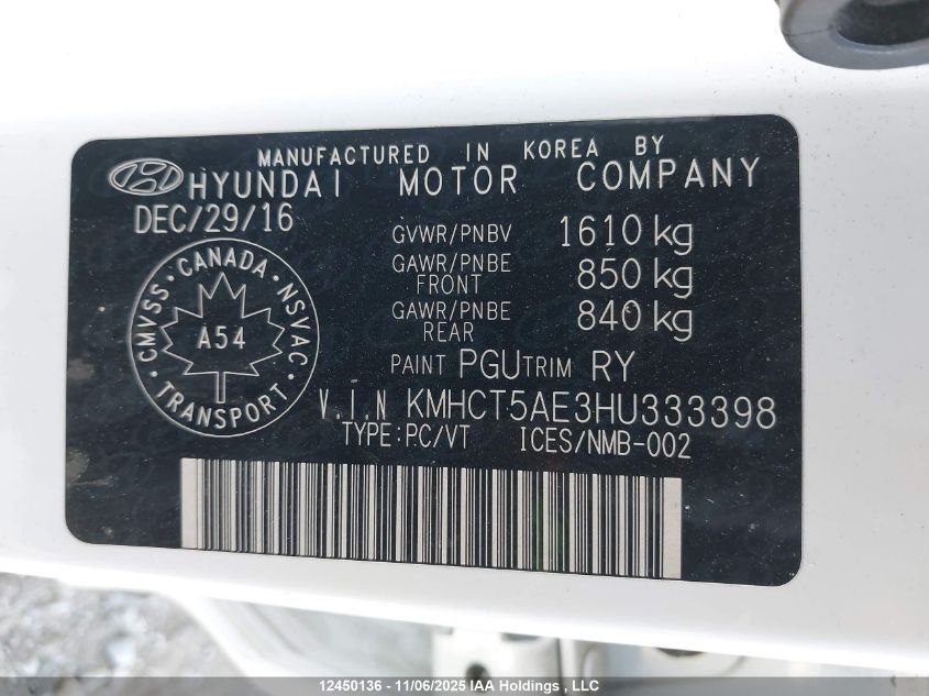 2017 Hyundai Accent L VIN: KMHCT5AE3HU333398 Lot: 12450136