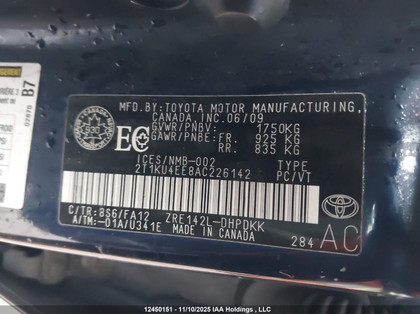 2010 Toyota Matrix Wagon VIN: 2T1KU4EE8AC226142 Lot: 12450151