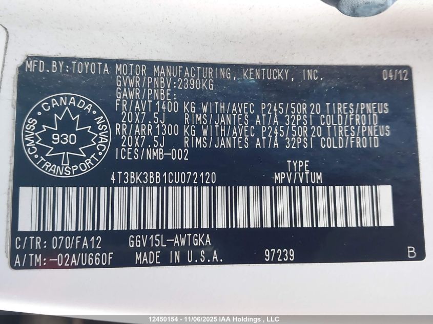 2012 Toyota Venza Le/Xle/Limited VIN: 4T3BK3BB1CU072120 Lot: 12450154