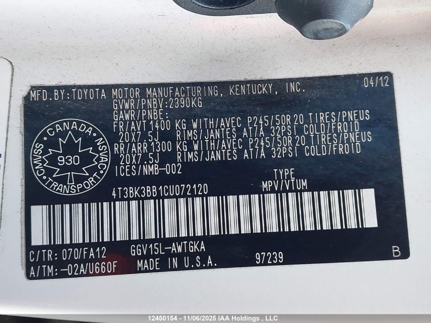 2012 Toyota Venza Le/Xle/Limited VIN: 4T3BK3BB1CU072120 Lot: 12450154