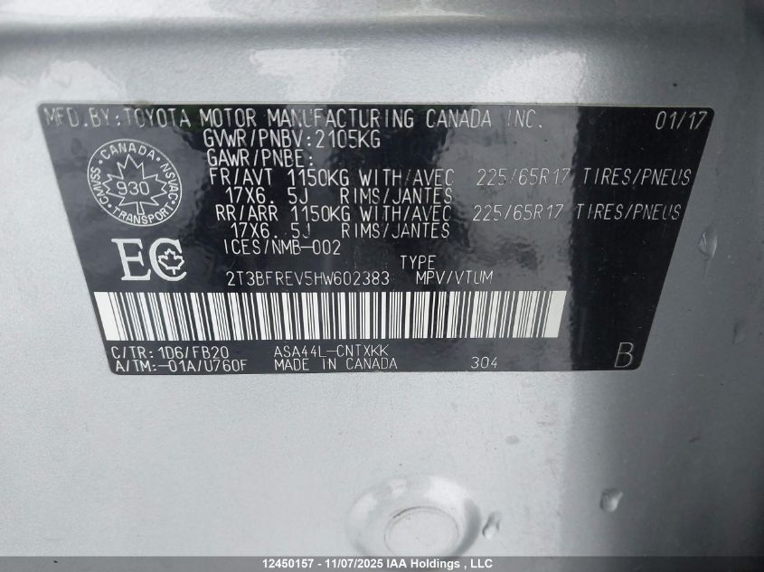 2017 Toyota Rav4 Le VIN: 2T3BFREV5HW602383 Lot: 12450157