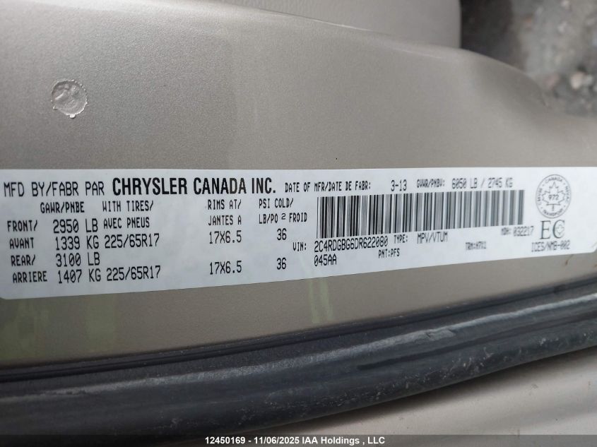 2013 Dodge Grand Caravan Se VIN: 2C4RDGBG6DR622080 Lot: 12450169