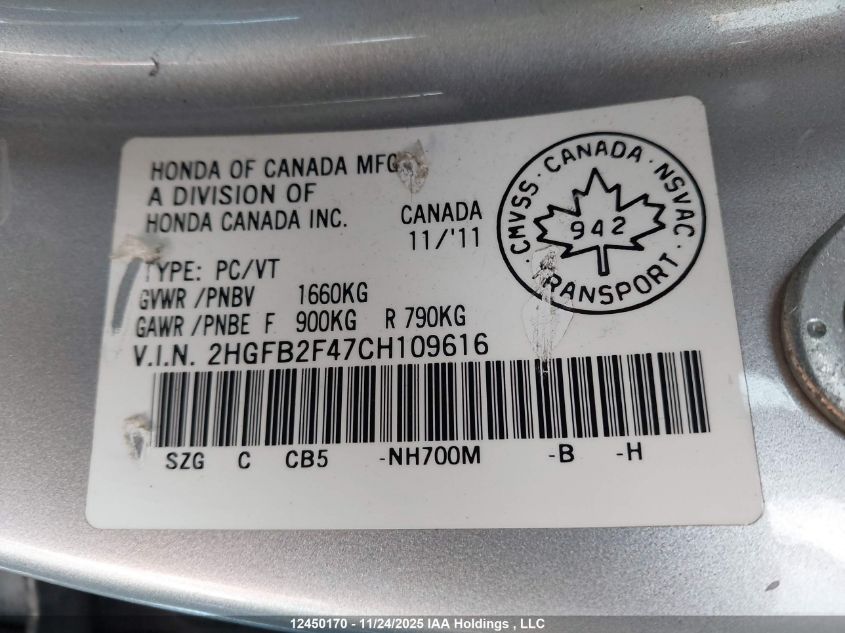 2012 Honda Civic Lx VIN: 2HGFB2F47CH109616 Lot: 12450170