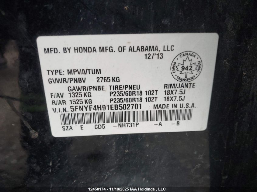 2014 Honda Pilot Touring VIN: 5FNYF4H91EB502701 Lot: 12450174