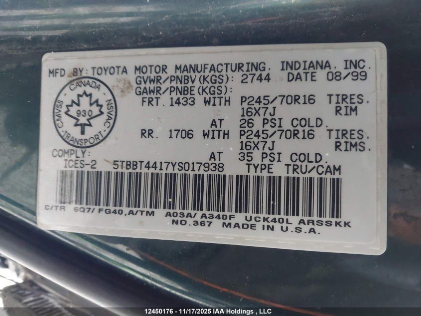 2000 Toyota Tundra Access Cab/Access Cab Sr5 VIN: 5TBBT4417YS017938 Lot: 12450176