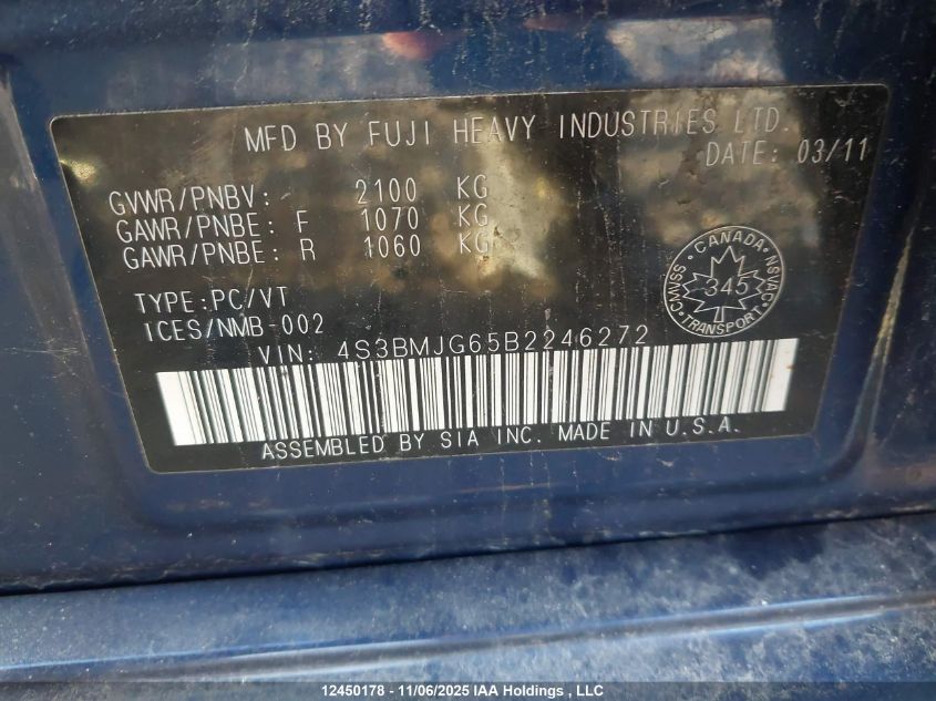 2011 Subaru Legacy 3.6R Premium VIN: 4S3BMJG65B2246272 Lot: 12450178