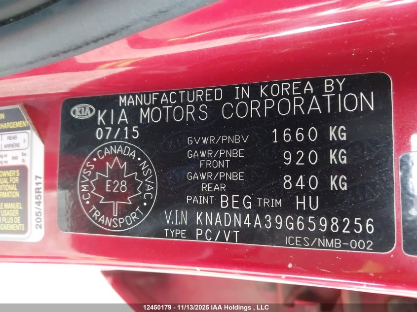 2016 Kia Rio Ex/Ex+ W/Sunroof/Lx/Lx+/Lx+ Eco/Sx VIN: KNADN4A39G6598256 Lot: 12450179