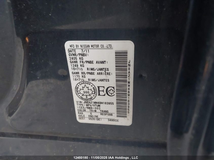 2011 Nissan Murano Sl VIN: JN8AZ1MW4BW183955 Lot: 12450180