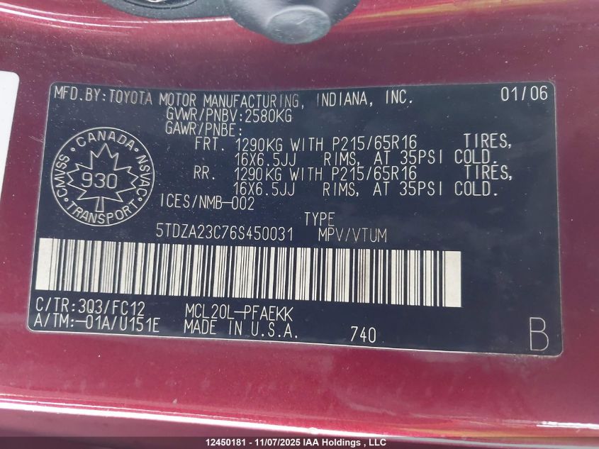 2006 Toyota Sienna Ce/Le VIN: 5TDZA23C76S450031 Lot: 12450181