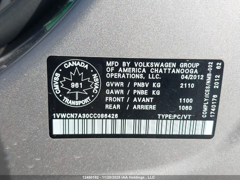 2012 Volkswagen Passat 2.0 Tdi Highline VIN: 1VWCN7A30CC086426 Lot: 12450192