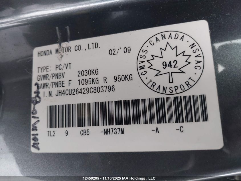 2009 Acura Tsx VIN: JH4CU26429C803796 Lot: 12450205