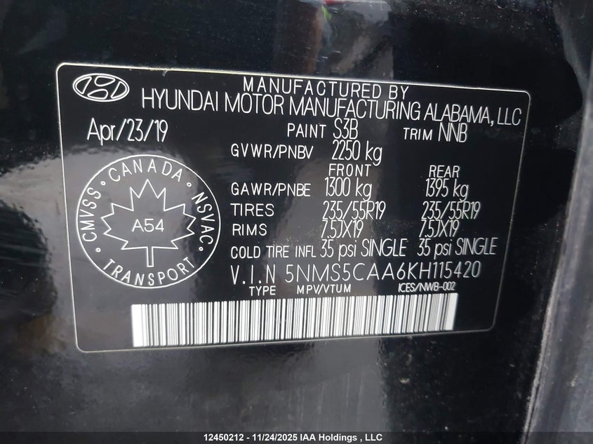 5NMS5CAA6KH115420 2019 HYUNDAI SANTA FE photo no. 17