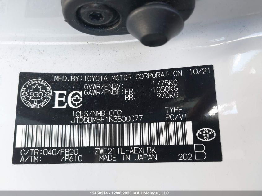 2022 Toyota Corolla Hybrid Base W/Li Battery VIN: JTDBBMBE1N3500077 Lot: 12450214