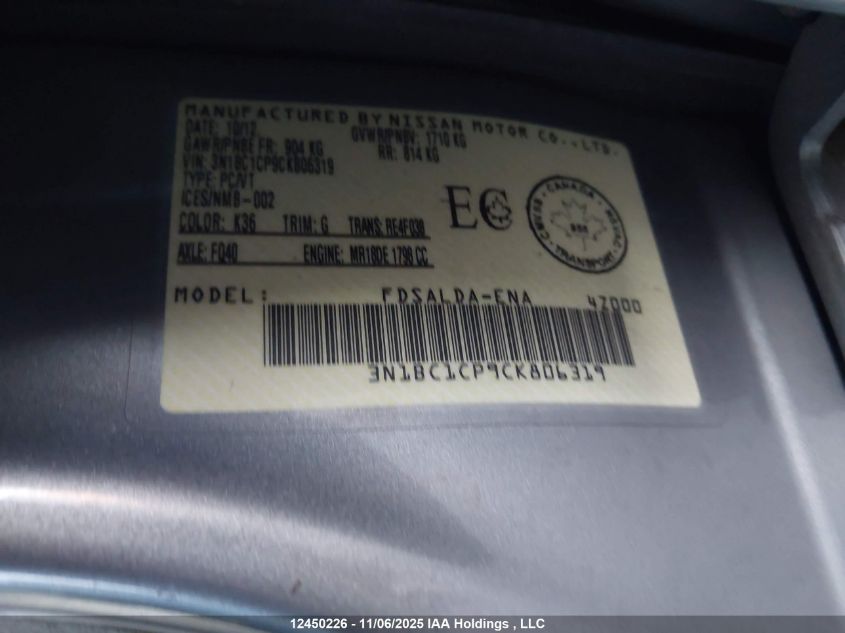 2012 Nissan Versa VIN: 3N1BC1CP9CK806319 Lot: 12450226