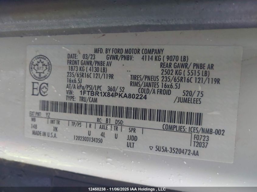 2023 Ford Transit T-250 VIN: 1FTBR1X84PKA80224 Lot: 12450238