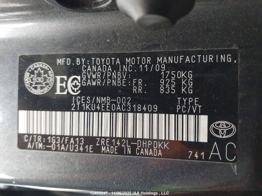 2010 Toyota Corolla Matrix VIN: 2T1KU4EE0AC318409 Lot: 12450247