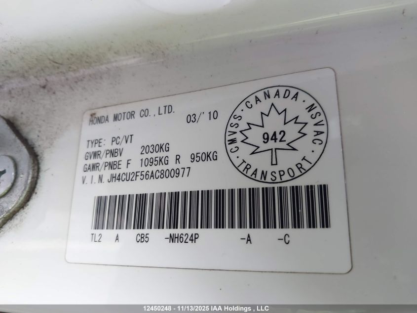 2010 Acura Tsx VIN: JH4CU2F56AC800977 Lot: 12450248