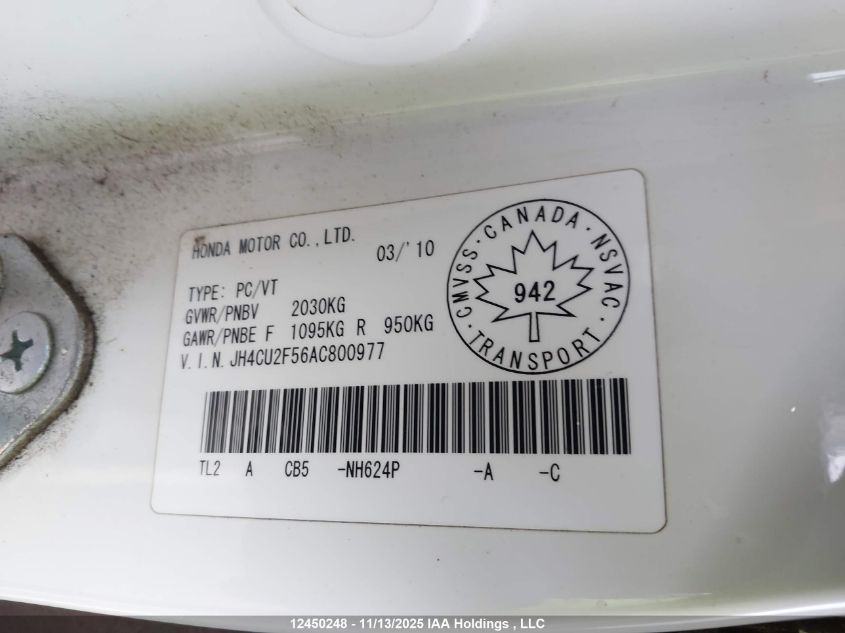 2010 Acura Tsx VIN: JH4CU2F56AC800977 Lot: 12450248