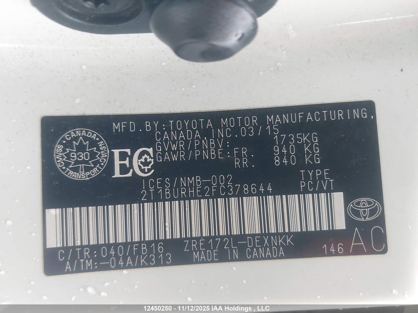 2T1BURHE2FC378644 2015 TOYOTA COROLLA photo no. 9