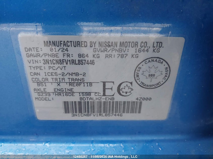 2024 Nissan Versa Sr VIN: 3N1CN8FV1RL857446 Lot: 12450257