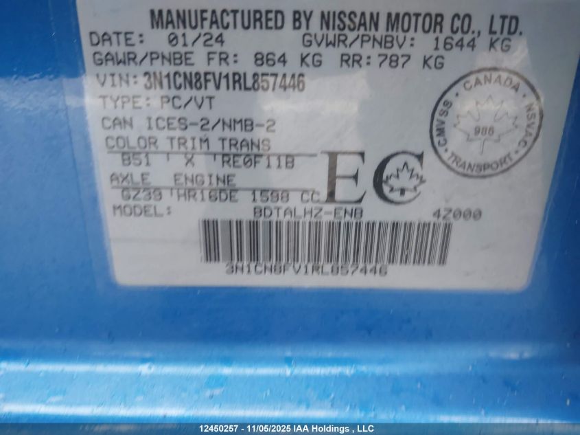 2024 Nissan Versa Sr VIN: 3N1CN8FV1RL857446 Lot: 12450257