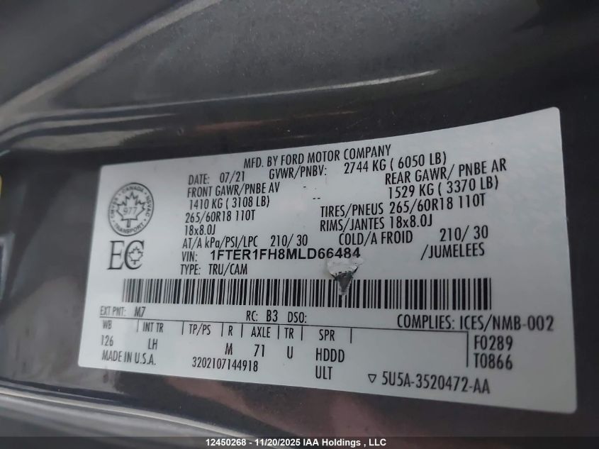 2021 Ford Ranger Xl VIN: 1FTER1FH8MLD66484 Lot: 12450268