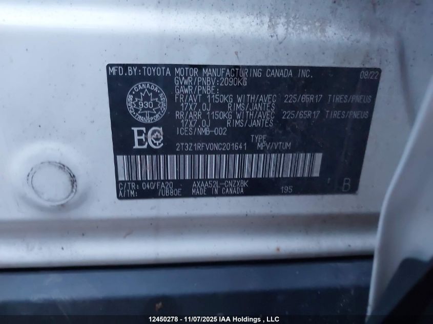 2022 Toyota Rav4 Le VIN: 2T3Z1RFV0NC201641 Lot: 12450278