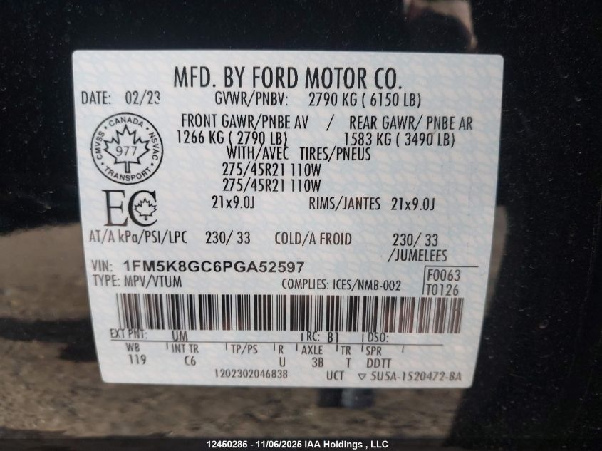 2023 Ford Explorer St VIN: 1FM5K8GC6PGA52597 Lot: 12450285