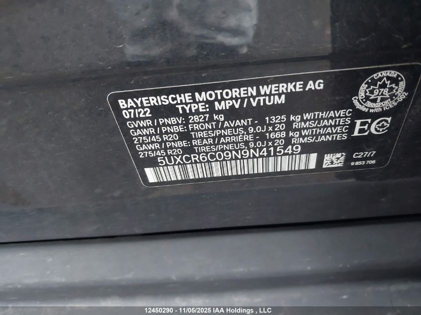 2022 BMW X5 xDrive40I VIN: 5UXCR6C09N9N41549 Lot: 12450290