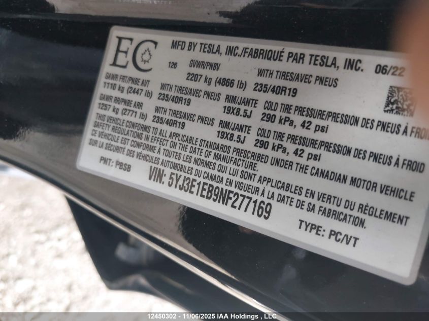 2022 Tesla Model 3 VIN: 5YJ3E1EB9NF277169 Lot: 12450302