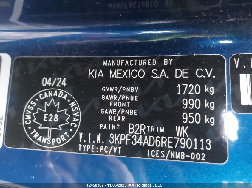 2024 Kia Forte Ex/Ex+/Ex Premium VIN: 3KPF34AD6RE790113 Lot: 12450307