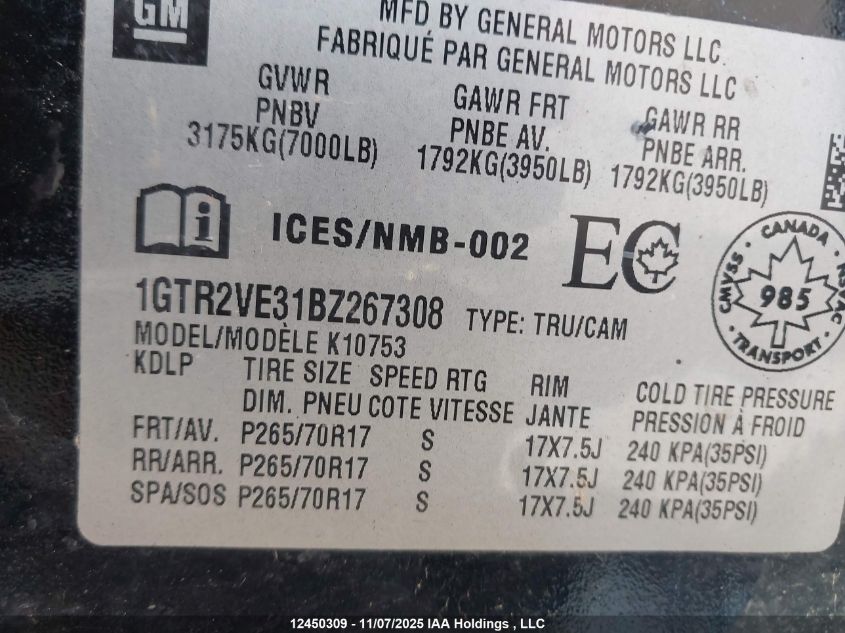 2011 GMC Sierra K1500 Sle VIN: 1GTR2VE31BZ267308 Lot: 12450309