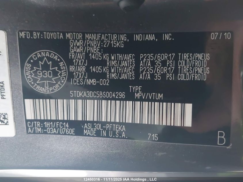 2011 Toyota Sienna Le VIN: 5TDKA3DC5BS004296 Lot: 12450316