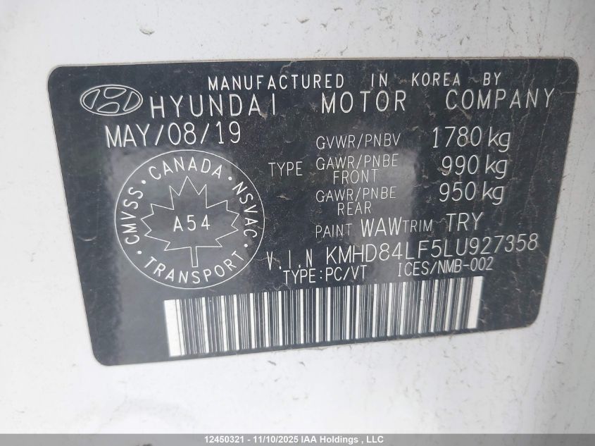 2020 Hyundai Elantra Sel/Value/Limited VIN: KMHD84LF5LU927358 Lot: 12450321