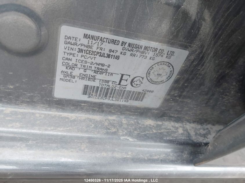 2018 Nissan Versa Note S/Sr/Sv VIN: 3N1CE2CP3JL361149 Lot: 12450326