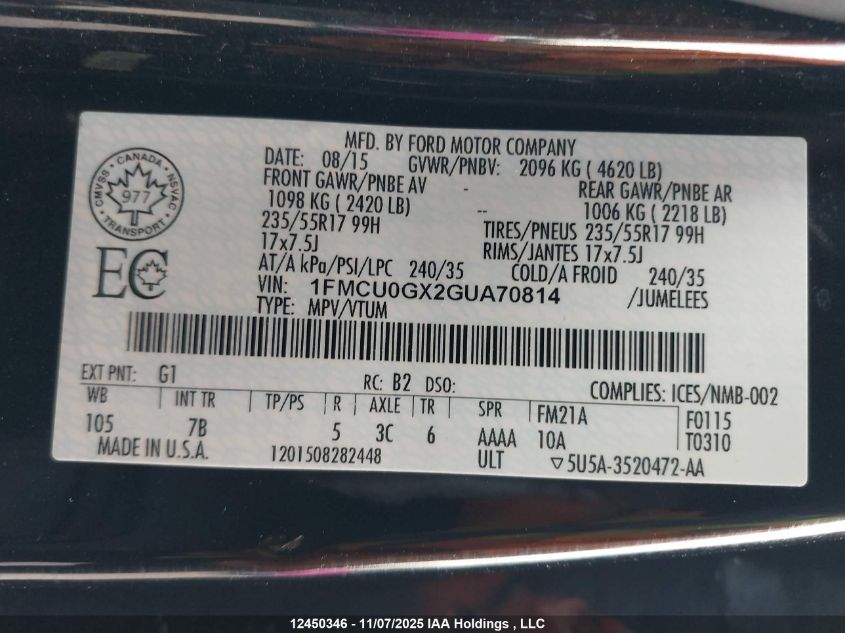 2016 Ford Escape Se VIN: 1FMCU0GX2GUA70814 Lot: 12450346