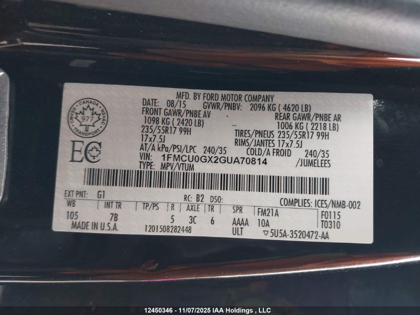 2016 Ford Escape Se VIN: 1FMCU0GX2GUA70814 Lot: 12450346