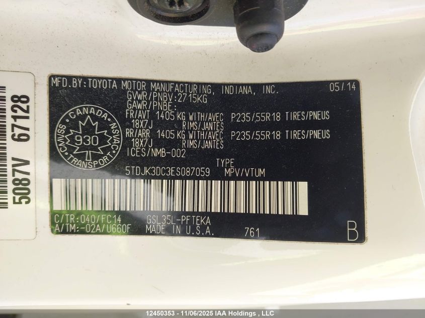 2014 Toyota Sienna Le 7 Passenger VIN: 5TDJK3DC3ES087059 Lot: 12450353