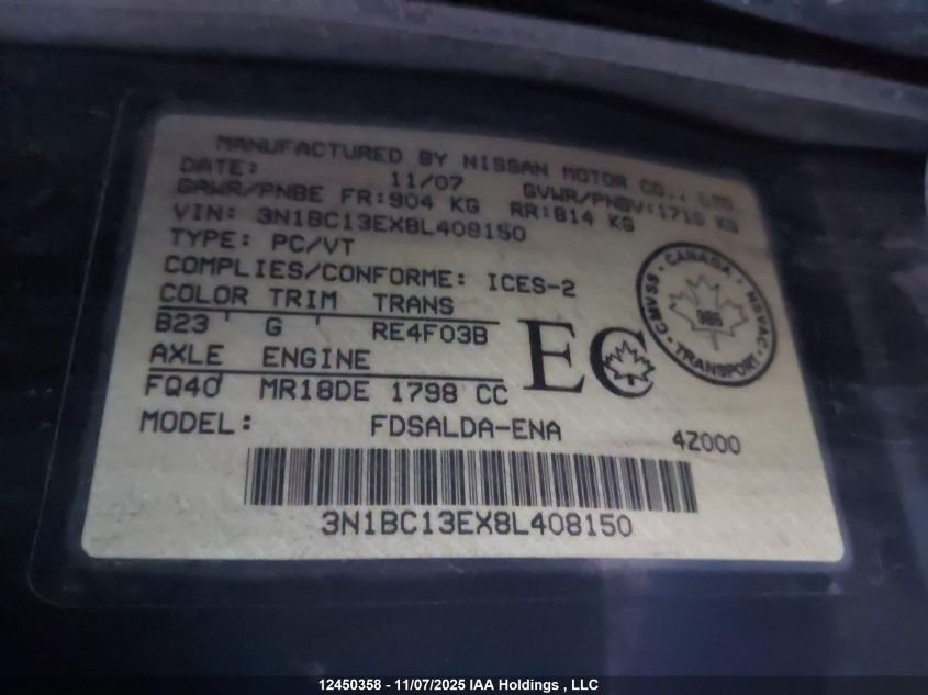 2008 Nissan Versa 1.8S VIN: 3N1BC13EX8L408150 Lot: 12450358