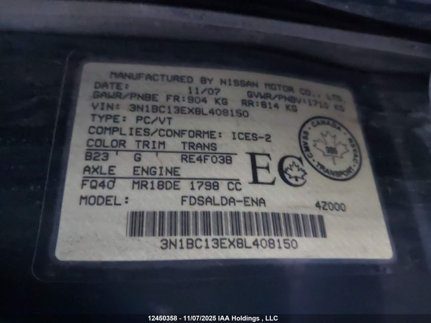 2008 Nissan Versa 1.8S VIN: 3N1BC13EX8L408150 Lot: 12450358