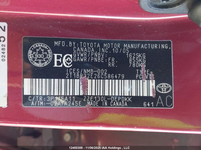 2006 Toyota Corolla Ce/Le/Sport VIN: 2T1BR32E26C586479 Lot: 12450359