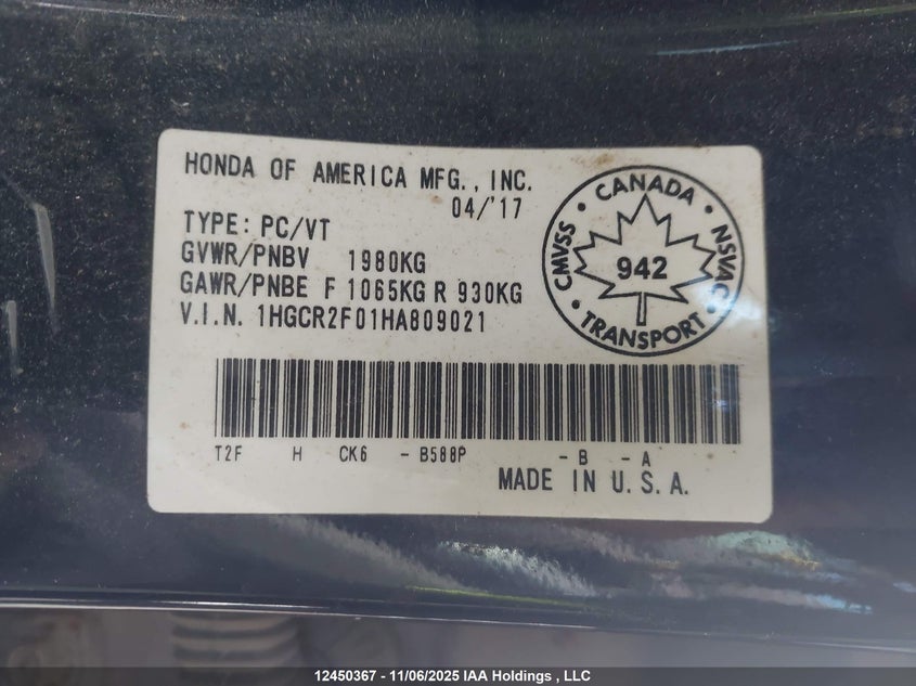 1HGCR2F01HA809021 2017 HONDA ACCORD photo no. 9