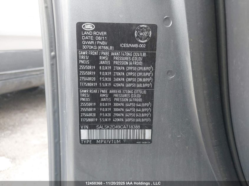 2012 Land Rover Range Rover Sport Hse VIN: SALSK2D49CA718388 Lot: 12450368