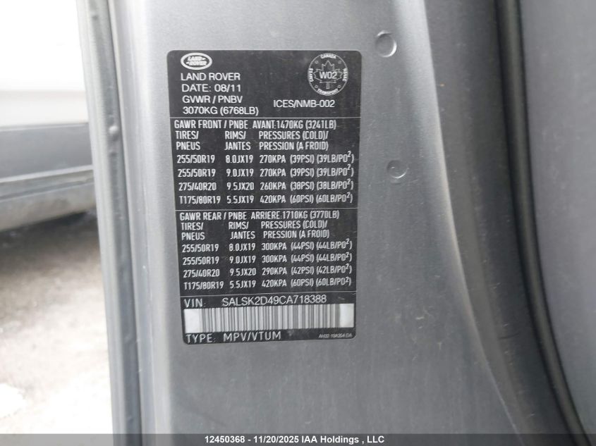 2012 Land Rover Range Rover Sport Hse VIN: SALSK2D49CA718388 Lot: 12450368