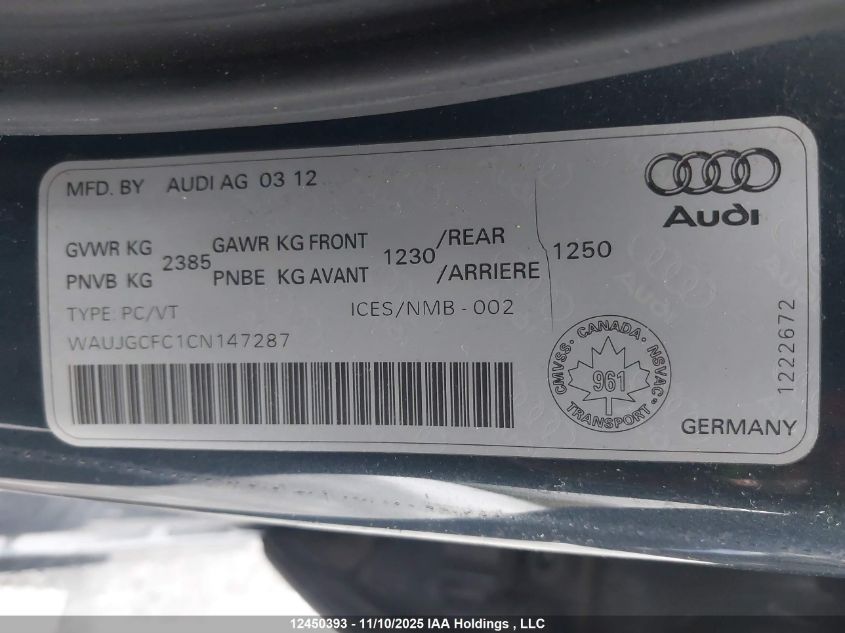 2012 Audi A6 Prestige VIN: WAUJGCFC1CN147287 Lot: 12450393