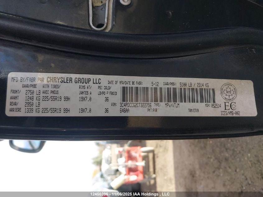 2012 Dodge Journey VIN: 3C4PDCCG2CT322756 Lot: 12450396